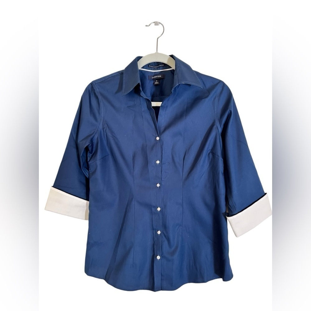 Lands' End Womens Navy Blue Solid Color Shirt in Size 6 - Picture 2 of 7